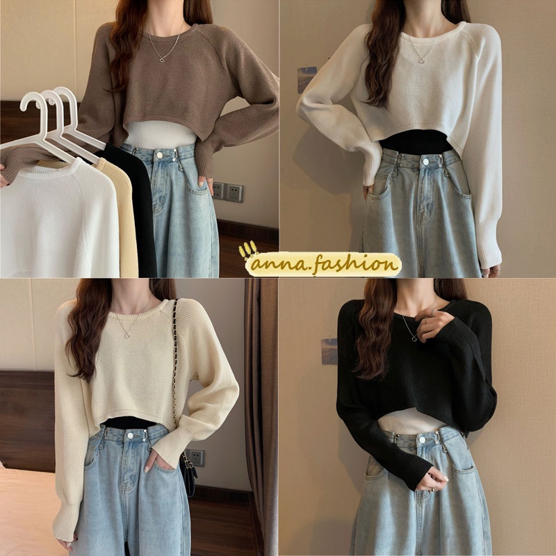 anna 9572 พร้อมส่ง เสื้อกันหนาว เสื้อไหมพรม แขนยาว คอกลม ตัวสั่น โชว์เอว ผ้าไหมพรมชักร่องแต่งลายในตัว