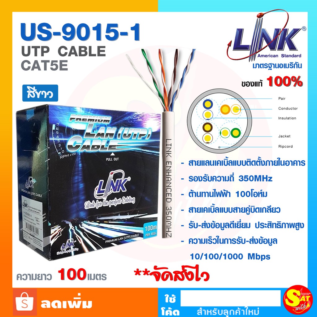 สายแลน รุ่น US90151 LAN Cable UTP CAT5E Link สีขาว คุณภาพดี ความยาว