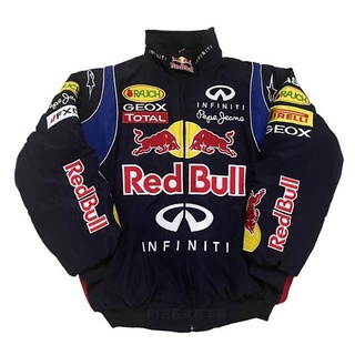 F1 เสื้อแจ็กเก็ต ผ้าฝ้าย ปักลายกระทิง สีแดง สไตล์อเมริกันเรโทร สําหรับขี่รถจักรยานยนต์