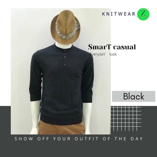 Knitwear Zasum เสื้อแขนสามส่วนคอกระดุม สีพื้นดำ เสื้อถักทอเนื้อ Cotton100% ผ้านุ่มใส่สบาย