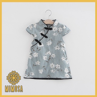 MIMOSA มินิเดรส เดรสเด็ก ตรุษจีน ทรงกี่เผ้า ลายดอก เดรสเด็กผู้หญิง ผ้าฝ้าย 100%