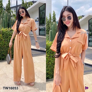 TW16053 Jumpsuit จั๊มสูทขายาว คอปกกระดุมหน้า แขนสั้น ช่วงหน้าอกมีกระเป๋าเสื้อหลอก เย็บตะเข็บหน้าชุด มีกระเป๋าล้วงข้าง