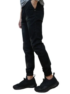 Jogger Pants กางเกงขาจั๊ม สีดำยีนส์ฟอกเอวสม็อคมีเชือกผูก ยืด สวมใส่สบาย Size 28-54 รับชำระปลายทาง มีไซส์ใหญ่