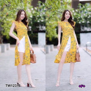 TW12316  Set 2 ชิ้น เสื้อแขนกุดไหล่ระบาย ผ่าหน้า ผ้าโรนัลโด้ พิมลายดอกไม้ + กางเกงขาสั้น ผ้าซาร่าสีพื้น เอวยืดสม็อคหลัง