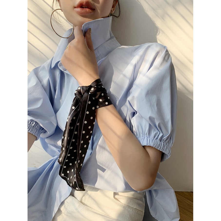 PB2802เสื้อเชิ้ตแขนสั้นสไตล์เกาหลี เสื้อคอเต่าแขนพัฟ เสื้อวัยรุ่นแฟชั่น สีขาว/สีฟ้า