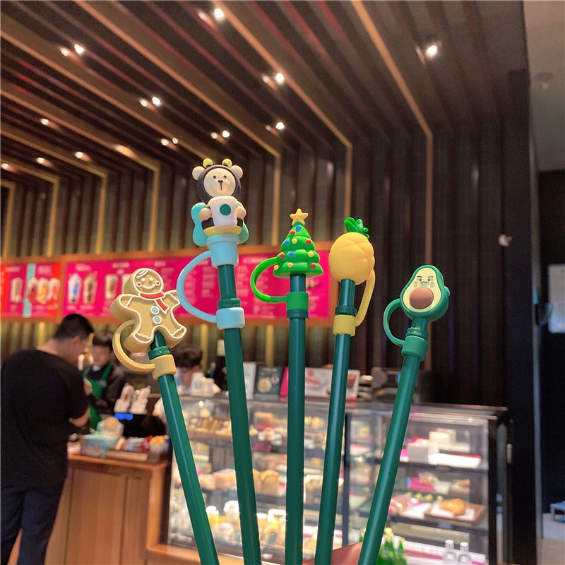 สตาร์บัคส์ชุดหมวกฟางฟางแบบใช้แล้วทิ้งสากลนํามาใช้ใหม่ฟางพลาสติกป้องกันฝุ่นการ์ตูนฟางเสียบหมวกฟางพร้อมฟาง