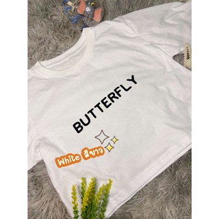 (ลด 50 ใส่โค้ด UNICBTF) Butterfly เสื้อยืด เสื้อครอปคอกลมทรงoversize (สีขาว - White - ลายสรีนกลิตเตอร์สีดำ) พร้อมส่ง