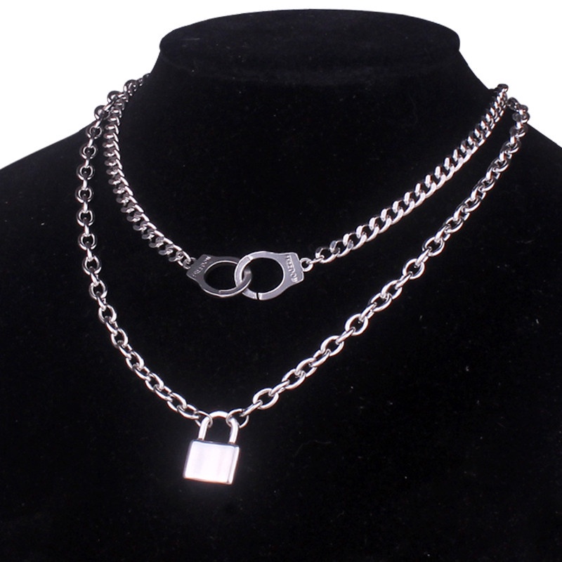 2021 ใหม่Punk GothicสแตนเลสLayered Handcuffล็อคสร้อยคอผู้หญิงGrunge Goth Cuba Chain Keylockสร้อยคอสําหรับชายDi067204