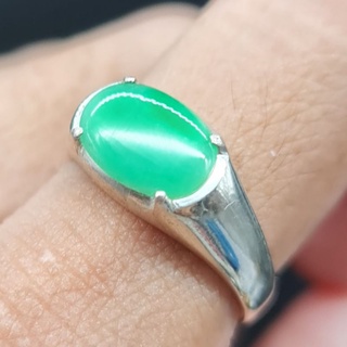 แหวนหยกแท้ ตัวเรือนเงินแท้ เม็ดหยก Jadeite Type A ไซส์ 54