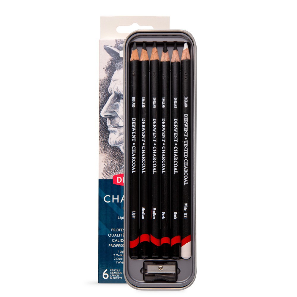 (Pre order 3-5วัน) Derwent : Charcoal Pencil : Tin Set of 6 ดินสอไม้พรีเมี่ยม   ชุด 6 แท่ง