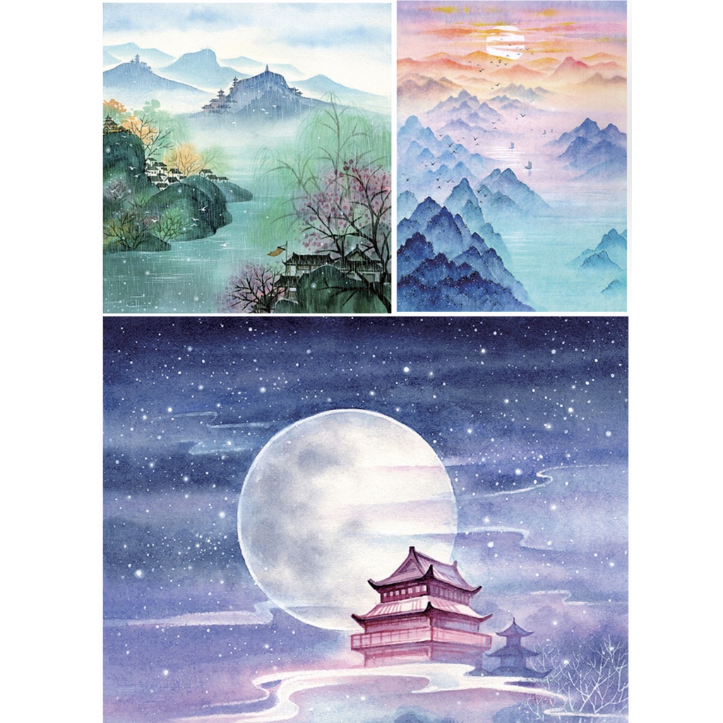 หนังสือสอนวาดภาพทิวทัศน์สีน้ำ สไตล์จีน Qinghui Collection Guofeng โดย Shen Ye หนังสือสอนวาดภาพ หนังสือศิลปะ วาดรูป สีน้ำ - รูปที่ 6