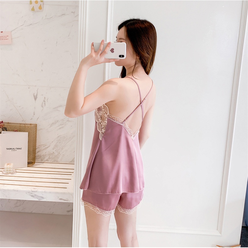 2 ชิ้น ผู้หญิง เซ็กซี่ ผ้าไหมซาติน ชุดนอน ชุดนอนลูกไม้ ชุดนอนฤดูร้อน ชุดนอนแฟชั่น ชุดนอน - รูปที่ 6