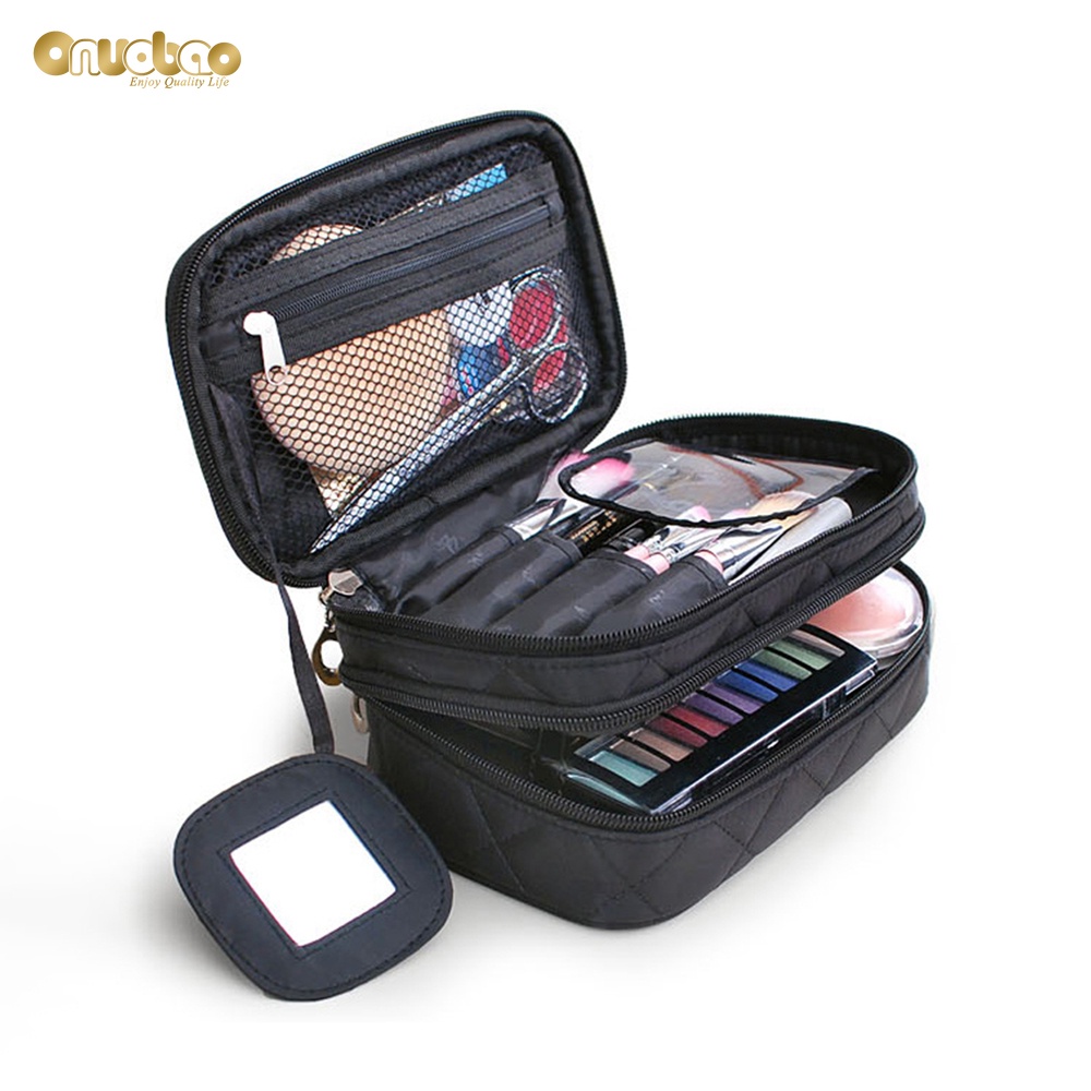 กระเป๋าเครื่องสําอาง กันน้ํา พร้อมกระจกสองชั้น ลายเรขาคณิต ทรงสี่เหลี่ยมขนมเปียกปูน สร้างสรรค์ สําหรับเดินทาง