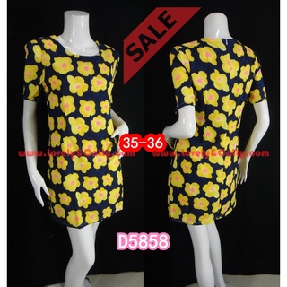 SaLe++ (อก35-36) D5858--Dressผ้าจอเจย์พื้นกรมท่าลายดอกเหลือง ซับในตัว ซิบซ่อนหลัง lovely-catty