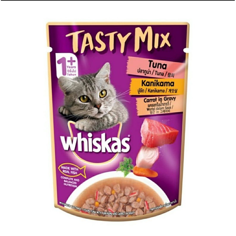 Whiskas วิสกัส tasty mix รสปลาทูน่า ปูอัด แครอทในน้ำเกรวี่