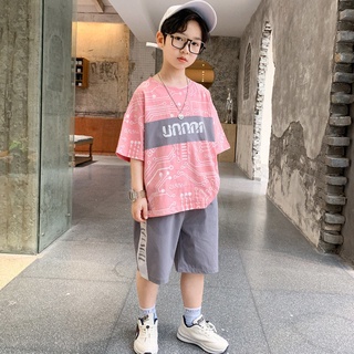 ชุดเด็กผู้ชาย สีชมพู คอกลม แขนสั้น พิมพ์ตัวอักษร ลำลอง สไตล์เกาหลี ผ้าฝ้าย ระบายอากาศ