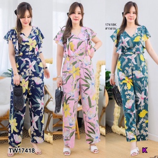 ฺB17418 Jumpsuit #สาวอวบ คอวีแต่งระบายขายาว พิมพ์ลาย Jumpsuit #chubby girl V-neck decorated with fringe, long legs, prin