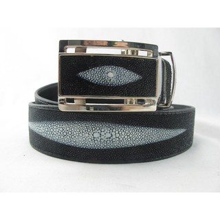 เข็มขัดผู้ชาย หนังปลากระเบนแท้ สีดำ หัวเข็มขัด Autolock Free Size / Genuine Black Stingray Leather Belt