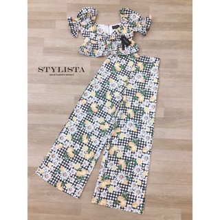 เซต 2 ชิ้น เสื้อแขนสั้นลายดอกไม้+เลม่อนแขนสม๊อค มีโบว์ผูกด้านหน้า เอวมีริ้วระบาย ลายสวย