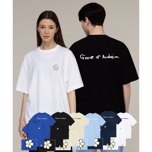 เสื้อแขนสั้น.unisex ลายดอกไม้และโลโก้หลัง คุณภาพของแท้