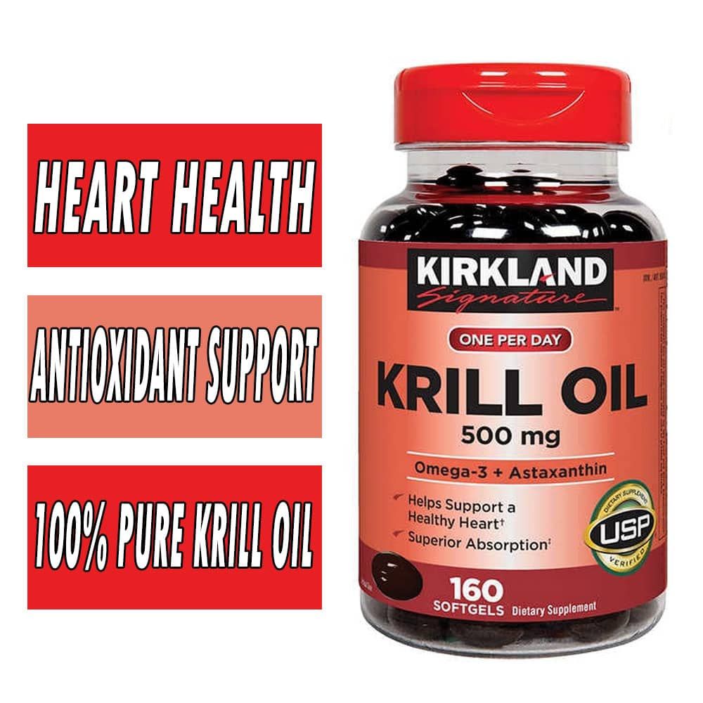 Kirkland Krill oil 500 mg Omega 3+Astaxanthin 160 Softgels Exp.08/2025