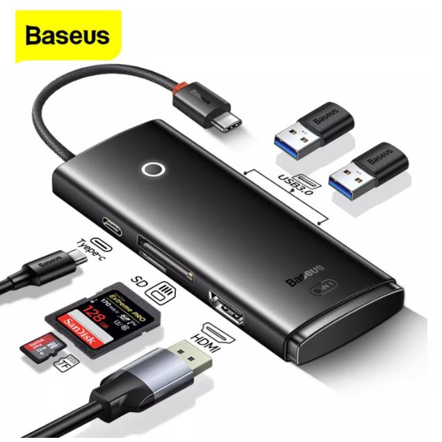 Baseus Type-C Hub 6in1 Docking Station อุปกรณเสริมคอมพิวเตอร์ แล็ปท็อป อะแดปเตอร์
