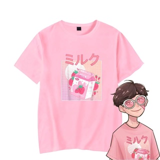 เสื้อยืด ผ้าฝ้าย 100% พิมพ์ลายดอกไม้ GeorgeNotFound Strawberry Milk สไตล์ฮาราจูกุ แฟชั่นฤดูร้อน สําหรับผู้ชาย และผู้หญิง