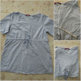 เสื้อผ้าฝ้ายญี่ปุ่นคอวีสีฟ้า