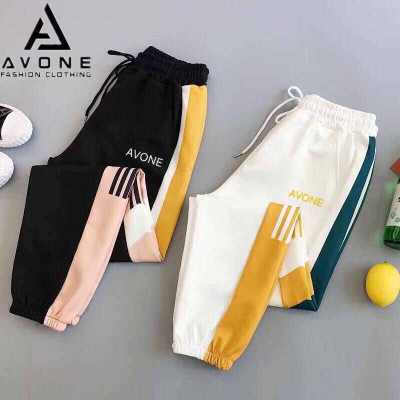AVONE แฟชั่นผู้หญิงสบาย ๆ กางเกงขายาว เอวยางยืด แต่งแถบข้าง KJ888-031