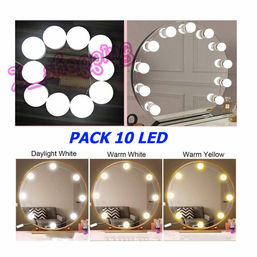 pack 10led  Mirror Lights  หลอดไฟติดกระจกในบ้าน ปรับได้3สี ใชไฟUSB *