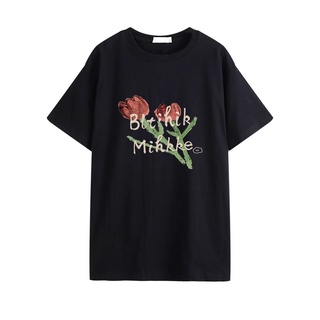 Tshirtคอลูกเรือcrew neckↂlove flower  เสื้อยืดแขนสั้น ผ้าฝ้ายแท้ ทรงหลวม ลายดอกไม้ สไตล์เกาหลี สําหรับผู้หญิง-4XL