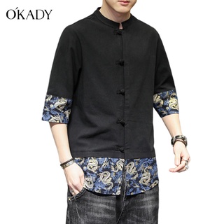 OKADY เสื้อยืดแขนสั้น เสื้อเชิ้ตแขนสั้นผู้ชายแฟชั่นคอตั้งบางพอดีครึ่งแขนแนวโน้มลำลองแขนสั้น เสื้อเชิ้ตผู้ชายแขนสั้น