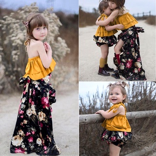 2 PCS Sister Matching Outfit Set, Solid Color Crop Sling Top, Short Triangle Floral Pants, Long High Split Ruffle Skirt