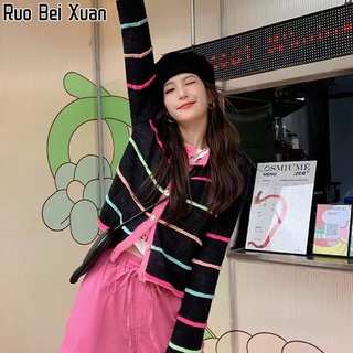 RUO BEI XUAN สุภาพสตรีเสื้อคาร์ดิแกนแฟชั่นสีดำลาย Colorblock เสื้อคาร์ดิแกนถัก 2022 ฤดูใบไม้ร่วง/ฤดูหนาวใหม่หลวมเสื้อกันหนาวเกาหลี Jacket