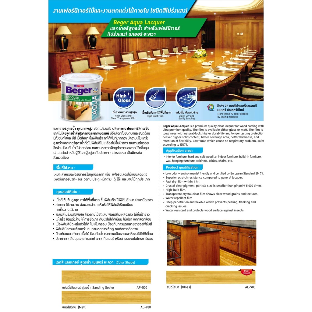 Beger Aqua Lacquer แลคเกอร์เงาสูตรน้ำ แลคเกอร์ด้านสูตรน้ำ แลคเกอร์สูตรน้ำ แลคเกอร์ เบเยอร์ 3.5 ลิตร AL-900 AL-980 AP-500 - รูปที่ 6