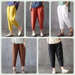 กางเกงผ้าฝ้ายผสมลินินทรงบอยยอดฮิตฟรีไซส์เอวยางยืด มี20สี