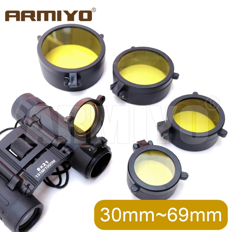 Armiyo 30 มม.-69 มม.กล้องโทรทรรศน์ขอบเขตฝาครอบเลนส์ Flip Up Quick Spring หมวกป้องกันสีเหลืองเลนส์วัตถุประสงค์