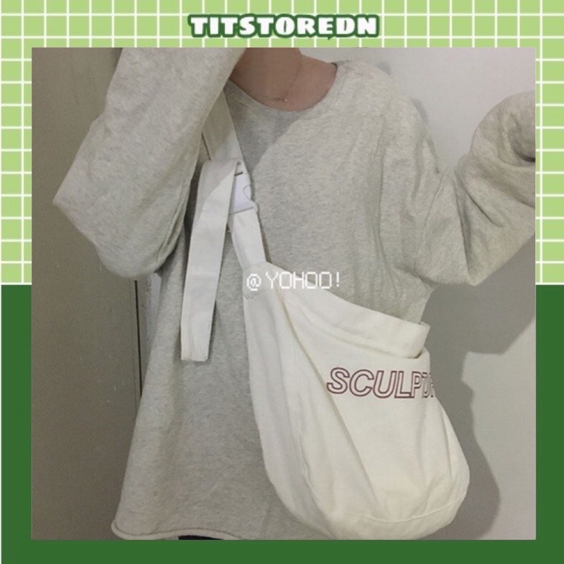 SCULPTOR กระเป๋าสะพายข้าง ulzzang สีขาวพร้อมเข็มขัดเกาหลี