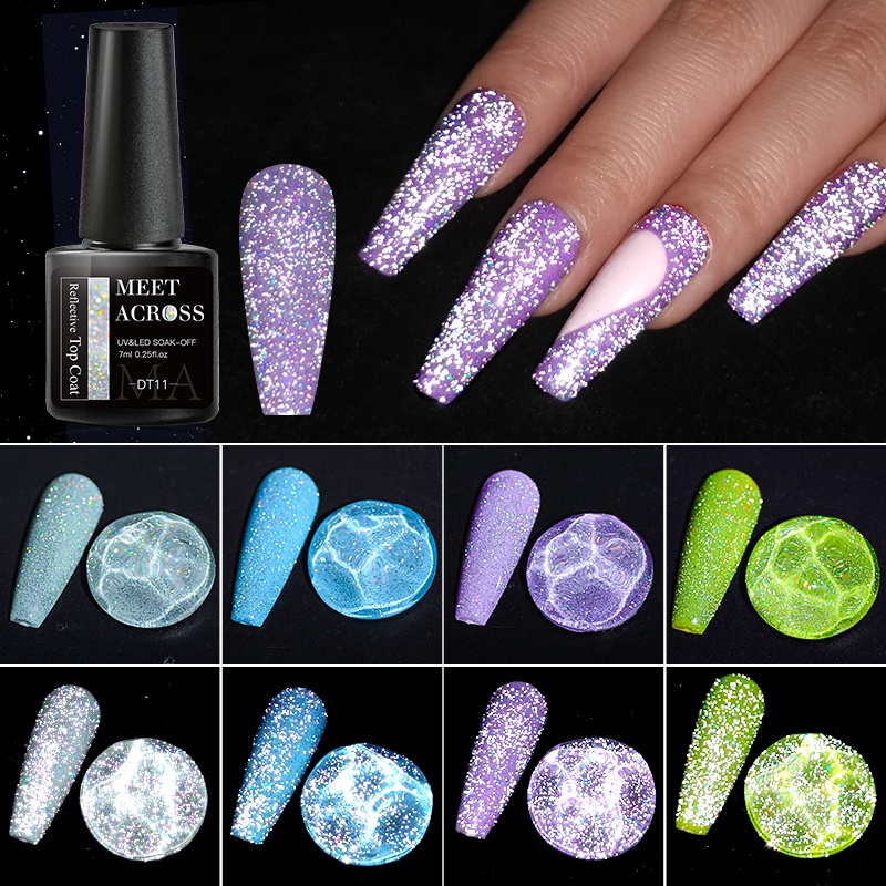 Meet ACROSS 7ml สะท้อนแสงสีสัน Top Coat Glitter เลเซอร์เจลเล็บ Vernis กึ่งถาวร Uv เจล Hybird เล็บ