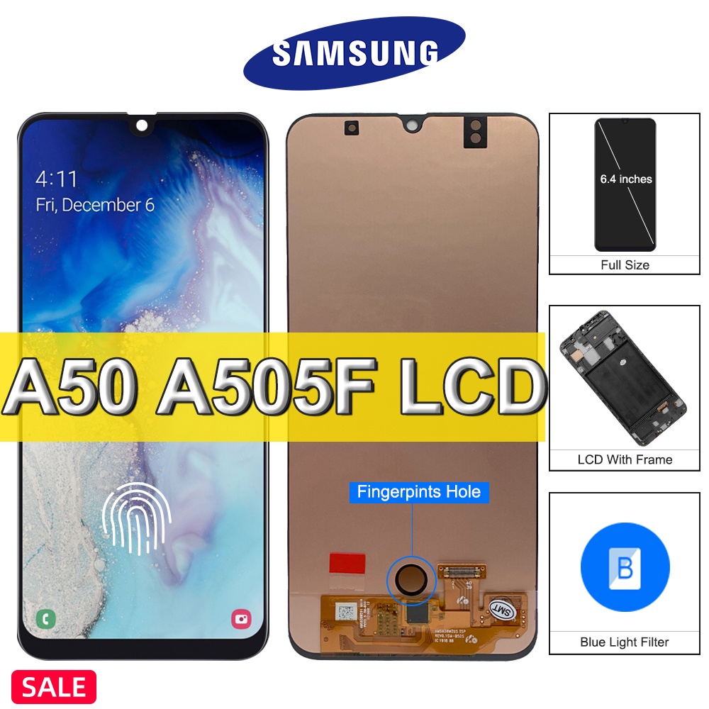 AMOLED Samsung Galaxy A50 A505F จอแสดงผล LCD พร้อมลายนิ้วมือ, สําหรับ Galaxy A50 หน้าจอสัมผัสเปลี่ยน