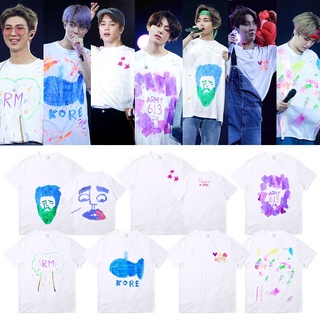 KPOP BTS คอนเสิร์ต Same Cotton เสื้อยืดแขนสั้นผู้ชายและผู้หญิงขนาดพิเศษ Hand-painted Graffiti พิมพ์เสื้อแขนสั้นฤดูร้อนใหม่สไตล์เกาหลีนักเรียนสบายๆเสื้อยืดด้านบน