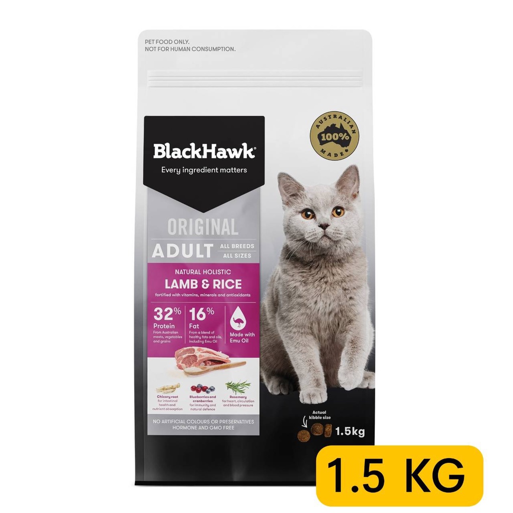 อาหารสัตว์ อาหารแมว BlackHawk ขนาด 1.5 KG โปรตีนสูง ธาตุเหล็ก B12 บำรุงขน เกรตนำเข้า สำหรับแมวแพ้ง่า