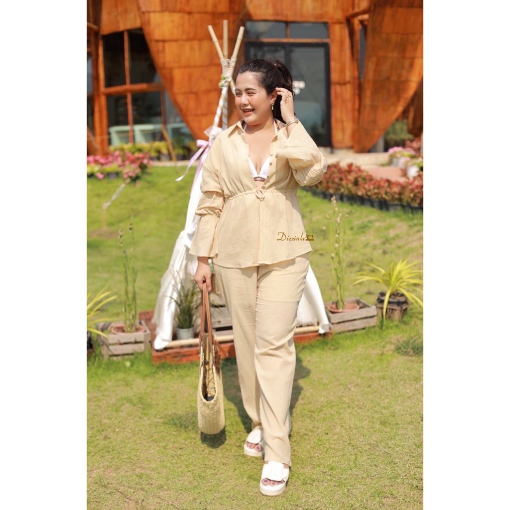 Dz011 - ชุดเซ็ทเสื้อ-กางเกงสีเบจ