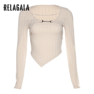 Relagala   เสื้อยืดแขนยาวสีพื้นเซ็กซี่สําหรับผู้หญิง