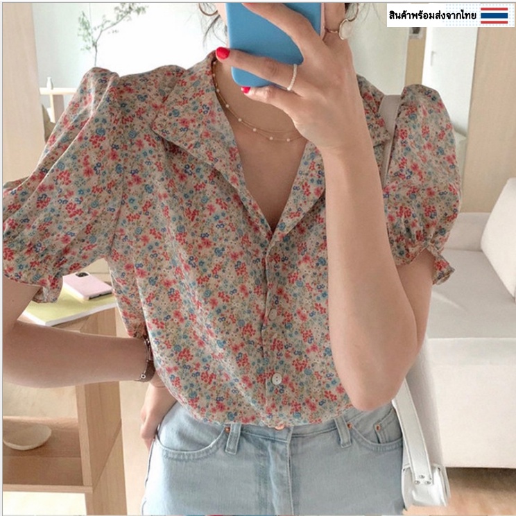 เสื้อเชิ้ตแขนตุ๊กตาลายดอกไม้น่ารัก [A33]