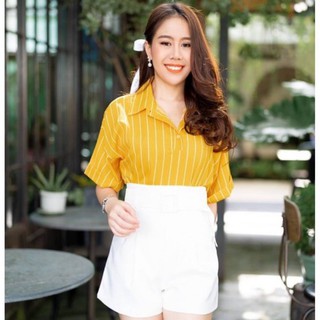 TUM043 TARA Shirt เสื้อเชิ้ตลายริ้ว ลายทาง แขนสั้น เนื้อผ้าอ็อกฟอร์ดริ้ว รุ่นใหม่ล่าสุด งานดี ราคาถูก