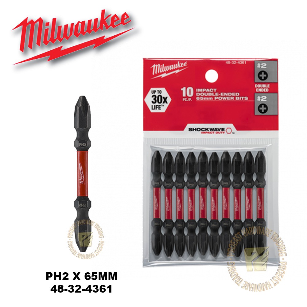 Milwaukee Shockwave PH2 ดอกสว่านปลายคู่สําหรับงานหนัก 65 มม. (10 ชิ้น) 48-32-4361