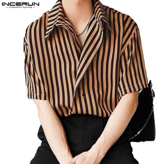 Incerun เสื้อเชิ้ตลําลอง แขนสั้น ลายทาง ติดกระดุม สไตล์เกาหลี สําหรับผู้ชาย