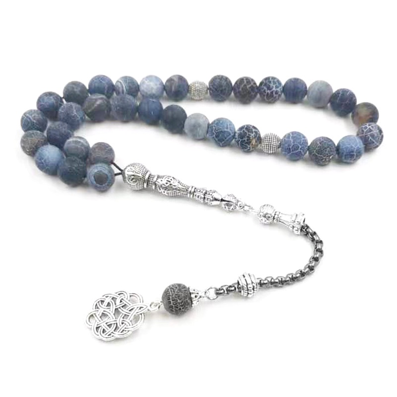 Tasbih หินอาเกตธรรมชาติ พู่โลหะสีน้ําเงิน 33 66 99 ลูกปัดอธิษฐานอิสลามแฟชั่นหินมุสลิมลูกประคํา