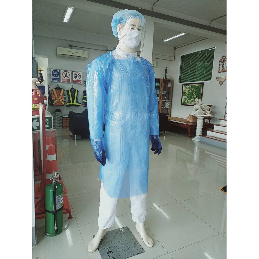 ชุดกาวน์ PE (PE GOWN) ชุดกาวน์กันน้ำ ทางการแพทย์ใช้แล้วทิ้ง ขนาด Freesize  ใช้สวมทับชุด PPE   ทำจากพลาสติก PE